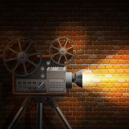 Retro film wallpaper with realistic projector and spotlight on brick wall background vector illustrationのイラスト素材