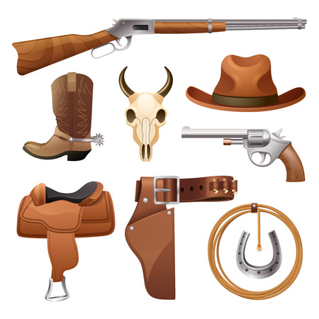 Cowboy elements set with saddle hat horseshoe skull isolated vector illustrationのイラスト素材