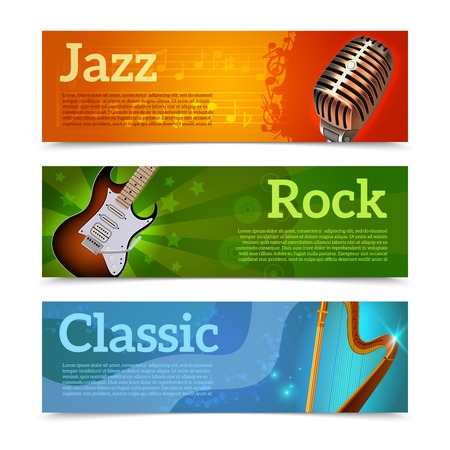 Music festival horizontal banners set with jazz rock classic instruments isolated vector illustrationのイラスト素材