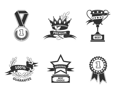 Trophy and prize emblem set of shield star medal and wreath isolated vector illustration.のイラスト素材