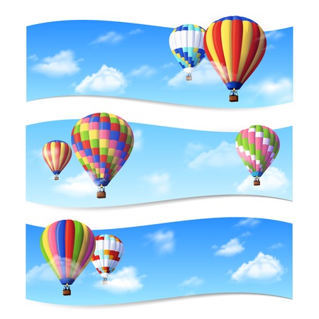 Realistic air balloons flying in sky horizontal banners set isolated vector illustrationのイラスト素材