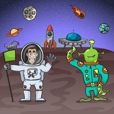 Astronaut and alien friendly meeting with extraterrestrial background vector illustrationのイラスト素材
