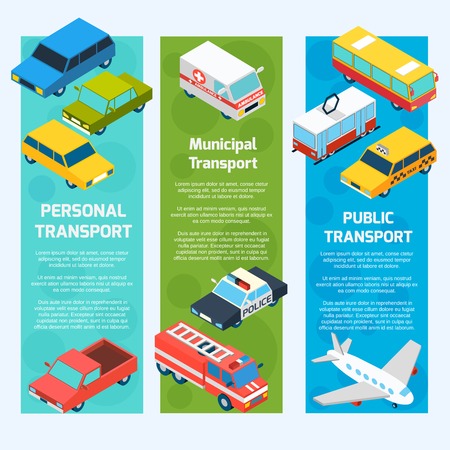 Transport isometric banners vertical set with 3d passenger vehicles isolated vector illustrationのイラスト素材