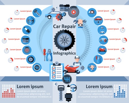Car repair infographics set with auto mechanic symbols and charts vector illustrationのイラスト素材