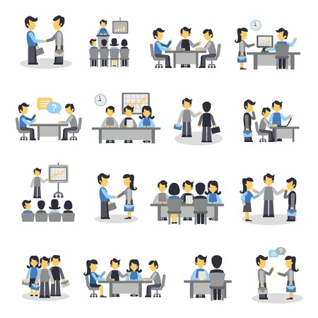 Meeting icons flat set with business people project teamwork symbols isolated vector illustrationのイラスト素材