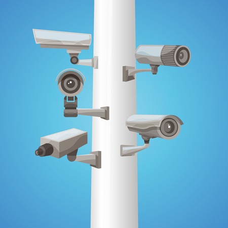 Realistic surveillance video camera on pillar on blue background vector illustrationのイラスト素材