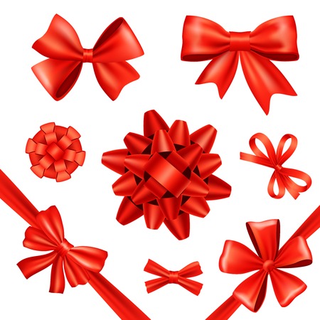 Red silk gift bows and celebration ribbons set isolated vector illustrationのイラスト素材
