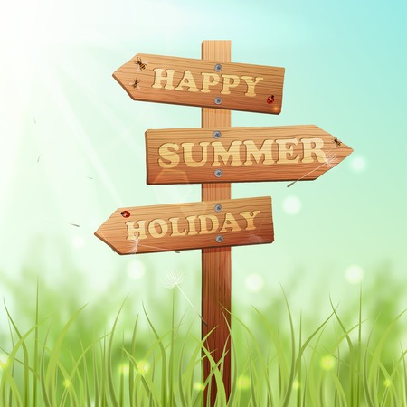 Wooden arrow information sign on summer meadow background vector illustrationのイラスト素材