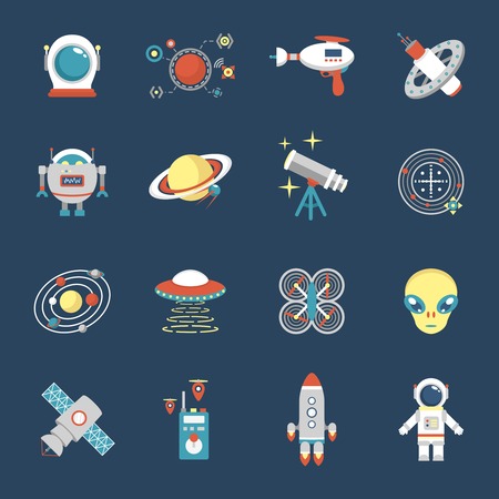 Fiction icon set with aliens space shuttle cyborg weapons isolated vector illustrationのイラスト素材