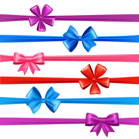 Realistic multicolored sil bows and gift ribbons set isolated vector illustrationのイラスト素材