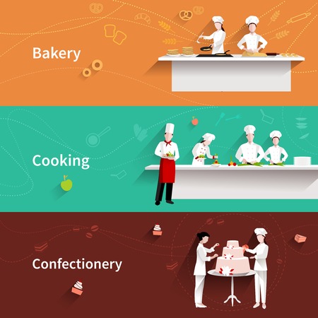 Cooking horizontal banners set with bakery and confectionery elements isolated vector illustrationのイラスト素材