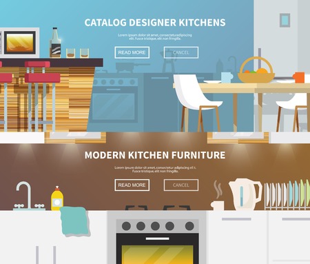 Kitchen furniture horizontal banner set with flat design elements isolated vector illustrationのイラスト素材