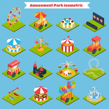 Amusement park isometric icons set with 3d ferris-wheel ice cream and balloons isolated vector illustrationのイラスト素材
