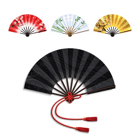 Realistic traditional oriental open folding fans set isolated vector illustrationのイラスト素材