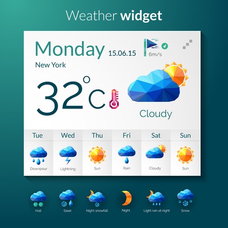 Weather forecast widget with polygonal mobile application elements vector illustrationのイラスト素材