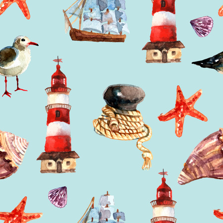 Nautical seamless pattern with sail rope starfish seashell vector illustrationのイラスト素材