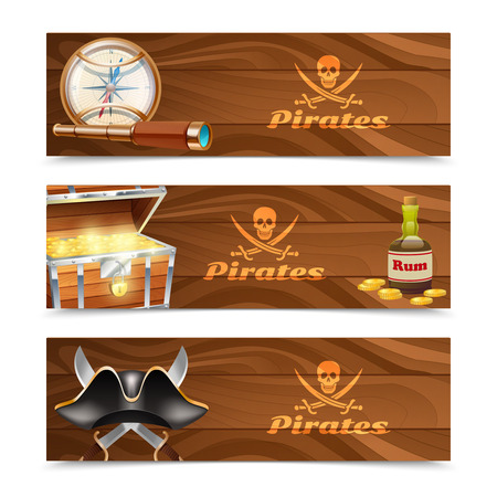 Three horizontal wooden pirate banners with jolly roger rum treasure chest looking glass gold compass and cocked hat isolated vector illustrationのイラスト素材