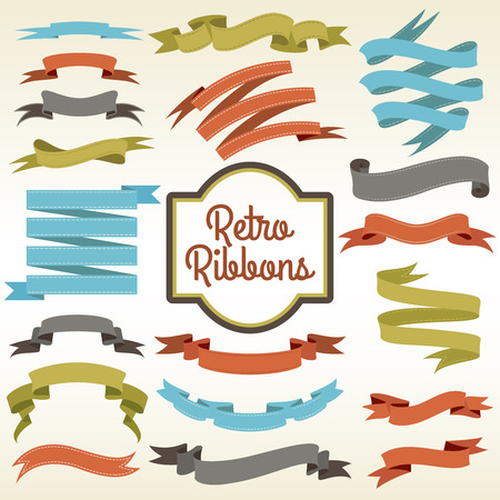 Retro ribbons trims cuttings curled pieces arrangement composition notions store nostalgic advertisement poster print abstract vector illustrationのイラスト素材