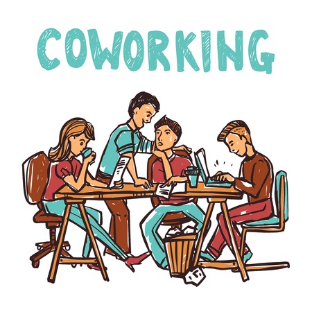 Coworking center with business workgroup at the table sketch vector illustrationのイラスト素材
