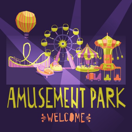 Amusement park welcome poster with extreme and entertainment attractions vector illustrationのイラスト素材
