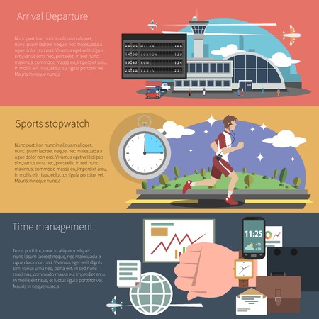 Time banner horizontal set with sports travel and business time management elements isolated vector illustrationのイラスト素材