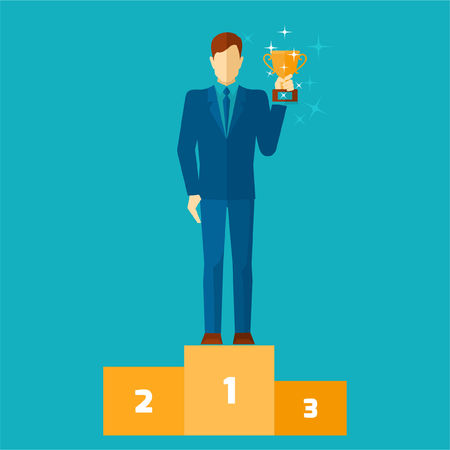 Business man on podium holding a gold cup flat vector illustrationのイラスト素材