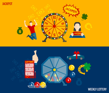 Lottery games flat banners horizontal set with machine to draw winning numbers and prizes abstract vector illustrationのイラスト素材