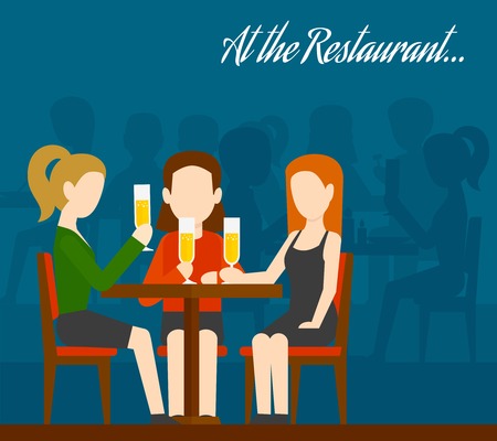 Three young girls sitting at table drinking champagne with people silhouettes on background friends meeting in restaurant flat vector illustrationのイラスト素材