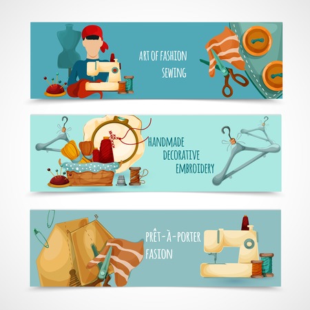 Sewing horizontal banner set with decorative embroidery elemenets isolated vector illustrationのイラスト素材