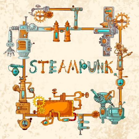 Steampunk frame with industrial machines gears chains and technical elements vector illustrationのイラスト素材