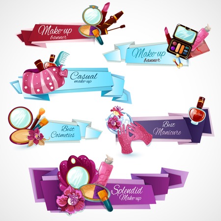 Cosmetics banner set with make-up manicure and body care products isolated vector illustrationのイラスト素材