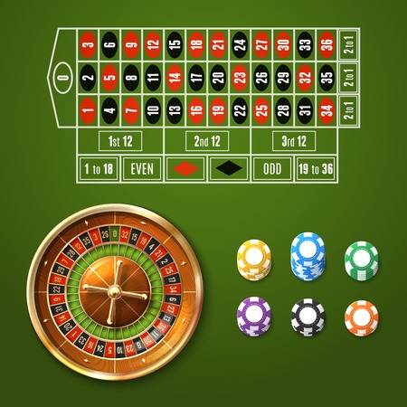 Casino gambling set with european roulette wheel and chips stacks isolated vector illustrationのイラスト素材