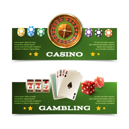 Casino horizontal banners set with realistic cards dice roulette and chips isolated vector illustrationのイラスト素材