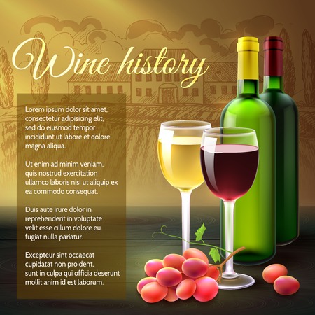 Wine background with realistic bottles glasses and grape branch vector illustrationのイラスト素材
