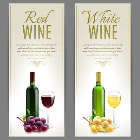 Red and white wine paper banner vertical set with glass bottles and grapes isolated vector illustrationのイラスト素材