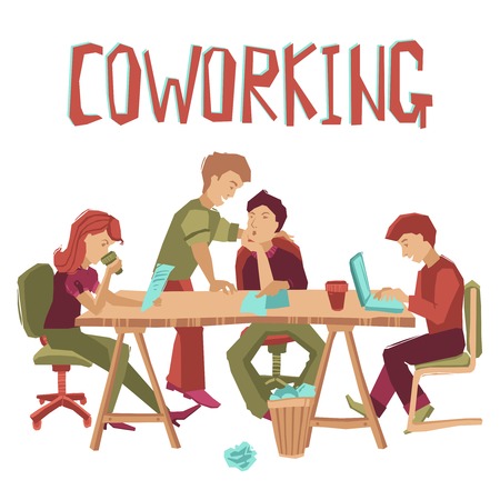 Coworking center concept with people working at table and talking flat vector illustrationのイラスト素材