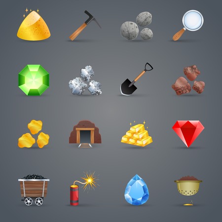 Mining strategy game cartoon icons set with gem picking tools isolated vector illustrationのイラスト素材