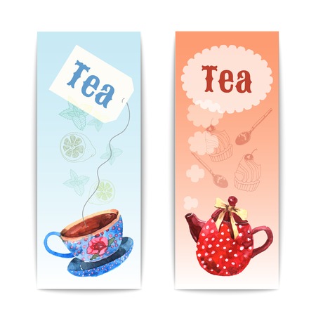 Watercolor tea vertical banner set with drink utensil isolated vector illustrationのイラスト素材