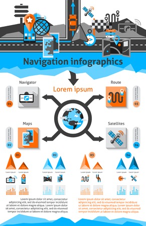 Navigation infographic set with global route search symbols with charts vector illustrationのイラスト素材