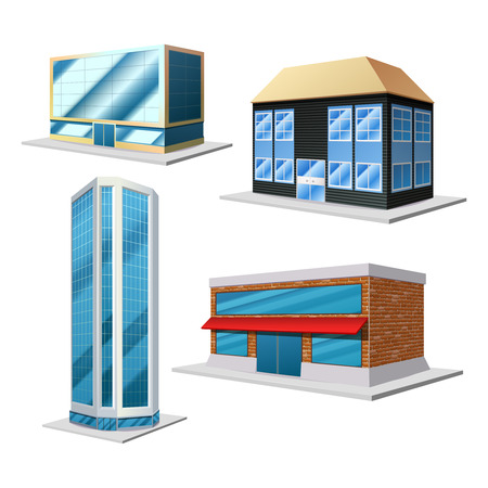 Building 3d decorative set with four different modern house isolated on the white background isolated vector illustrationのイラスト素材