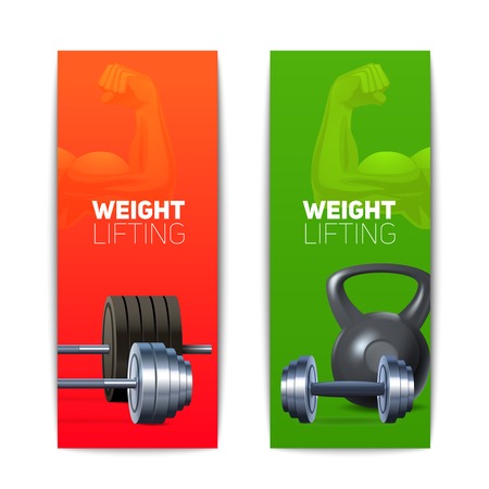 Sports banners vertical set with realistic weight lifting equipment isolated vector illustrationのイラスト素材