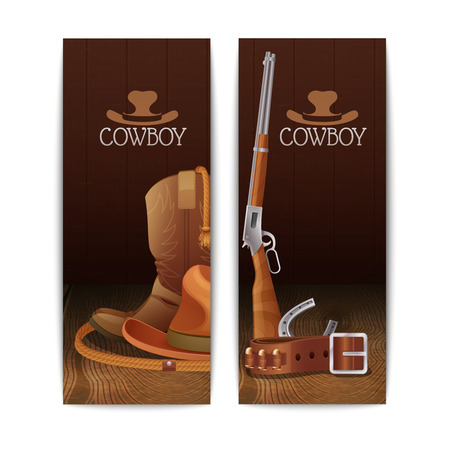 Two vertical cowboy banners with hat boots lasso belt horseshoe winchester rifle isolated vector illustrationのイラスト素材