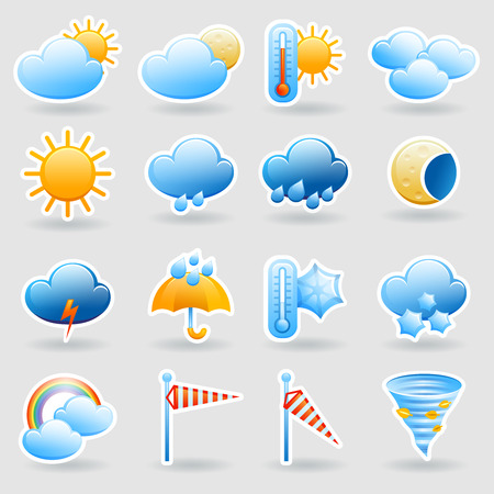 Weather forecast tablet mobile symbols widget icons set with clouds and rainbow abstract flat isolated vector illustrationのイラスト素材