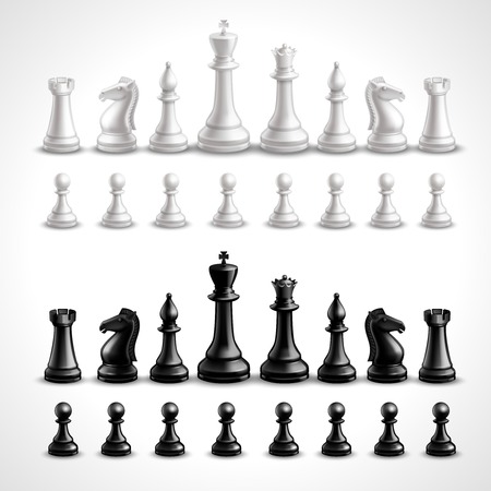 Realistic chess game black and white figures set isolated vector illustrationのイラスト素材