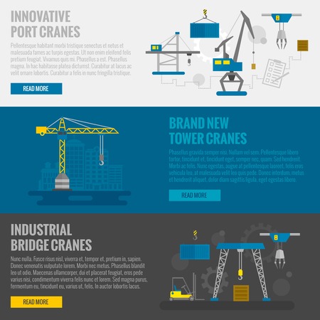 Lifting equipment horizontal banner set with cargo and construction cranes elements isolated vector illustrationのイラスト素材