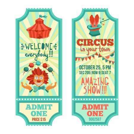 Circus show advertising paper tickets set with clown and tent isolated vector illustrationのイラスト素材