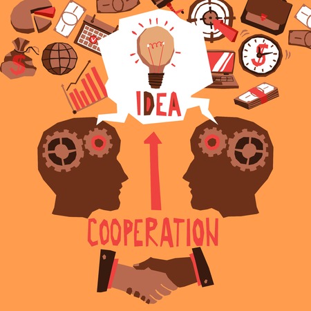 Cooperation concept with businessmen heads and business sketch icons vector illustrationのイラスト素材