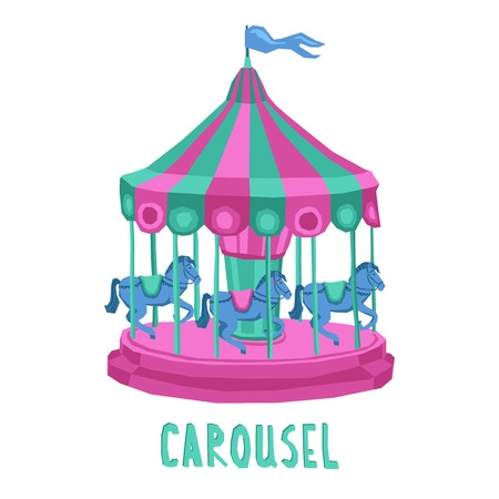 Retro style entertainment park carousel with spinning horses isolated on white background vector illustrationのイラスト素材