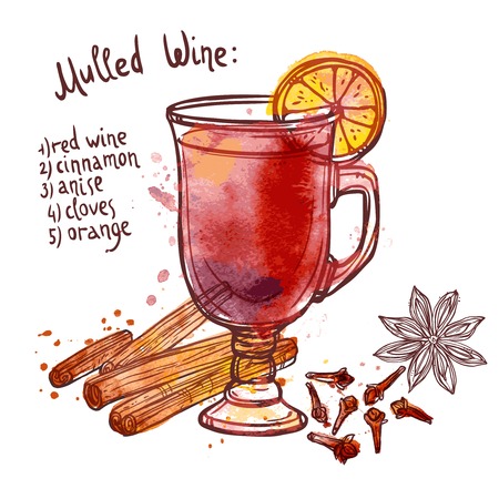 Mulled wine set with glass of drink and hand drawn ingredients vector illustrationのイラスト素材