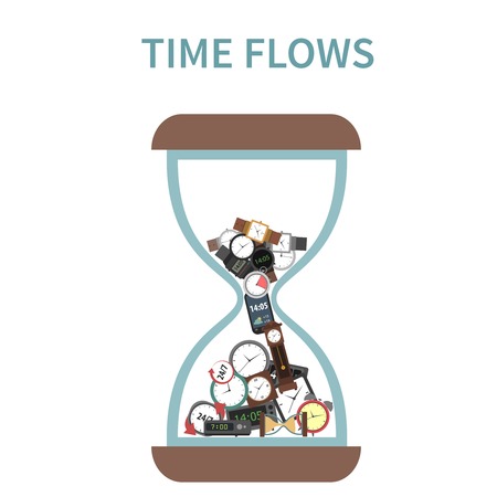 Time concept with hourglass and clocks and watches flowing inside flat vector illustrationのイラスト素材